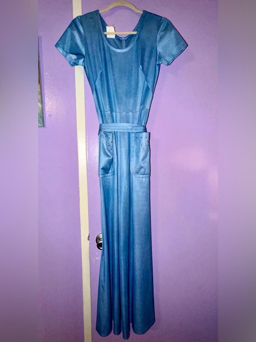 Vintage Blue Short-Sleeve JumpSuit with belt and Rhinestones Sz 8